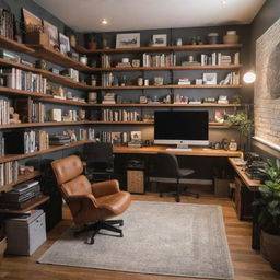 A content creator's studio with engaging elements like high-end tech equipment, soundproofing materials, trendy furniture, warm ambient lighting, and shelves full of books and collectibles.