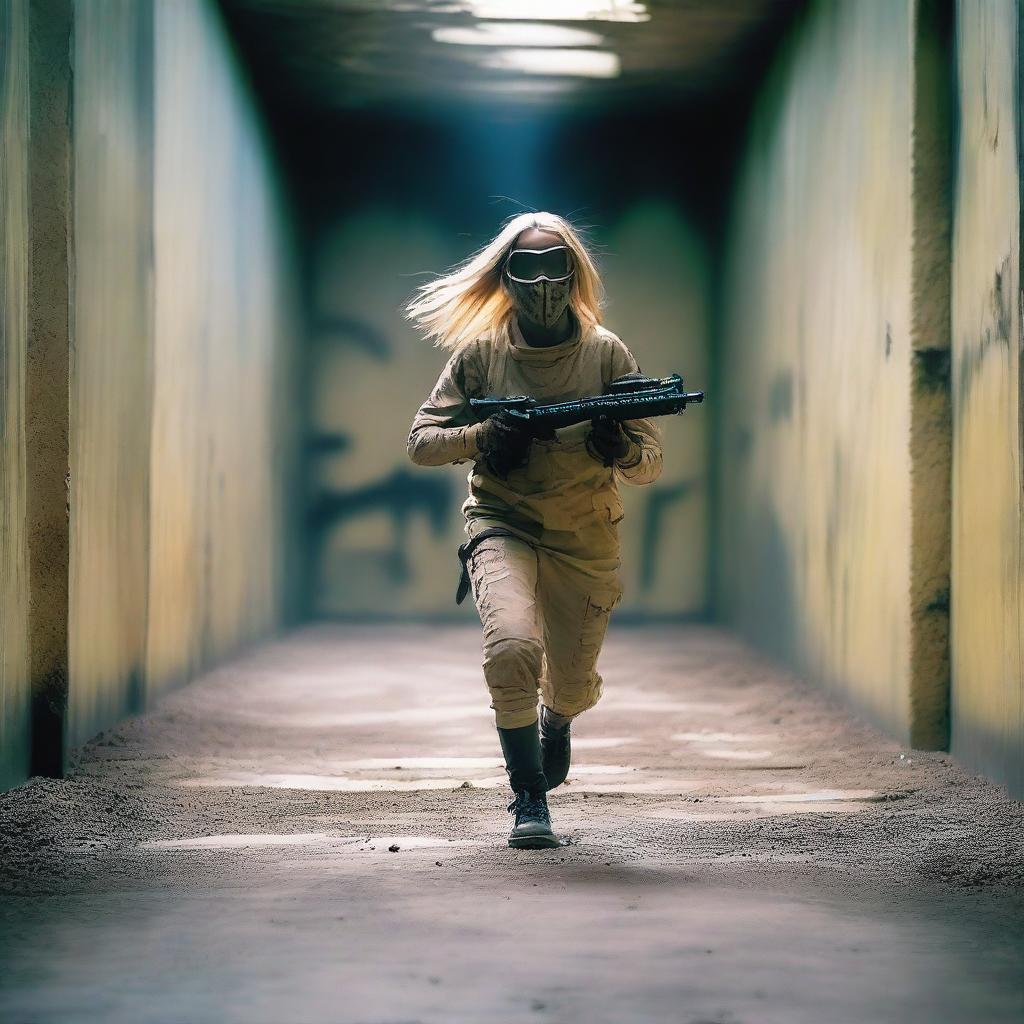 An unknown blond girl with no face is running toward a labyrinth while holding a paintball gun