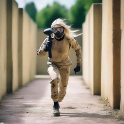 An unknown blond girl with no face is running toward a labyrinth while holding a paintball gun