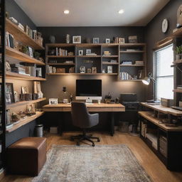 A content creator's studio with engaging elements like high-end tech equipment, soundproofing materials, trendy furniture, warm ambient lighting, and shelves full of books and collectibles.