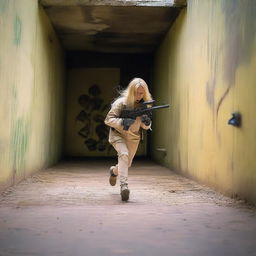 An unknown blond girl with no face is running toward a labyrinth while holding a paintball gun