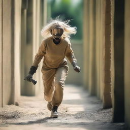 An unknown blond girl with no face is running toward a labyrinth while holding a paintball gun