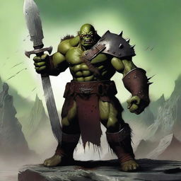 A powerful male ork warrior standing confidently with a massive sword