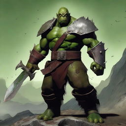 A powerful male ork warrior standing confidently with a massive sword