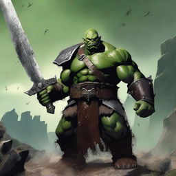 A powerful male ork warrior standing confidently with a massive sword