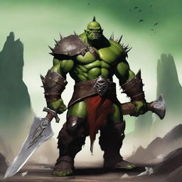 A powerful male ork warrior standing confidently with a massive sword