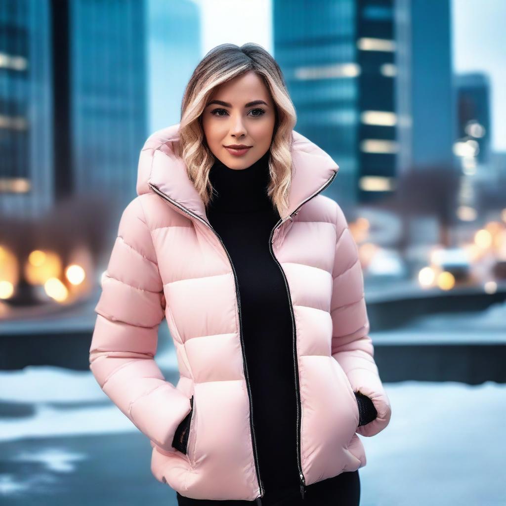 A stunning woman wearing a stylish, form-fitting puffer jacket, striking a confident and alluring pose