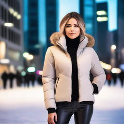 A stunning woman wearing a stylish, form-fitting puffer jacket, striking a confident and alluring pose