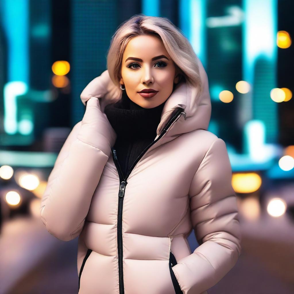 A stunning woman wearing a stylish, form-fitting puffer jacket, striking a confident and alluring pose