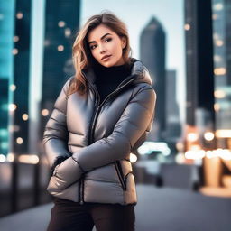 A stunning woman wearing a stylish, form-fitting puffer jacket, striking a confident and alluring pose