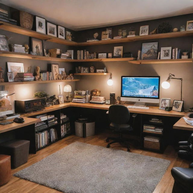 A content creator's studio with engaging elements like high-end tech equipment, soundproofing materials, trendy furniture, warm ambient lighting, and shelves full of books and collectibles.