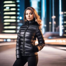 A stunning woman wearing a stylish, form-fitting black puffer jacket, striking a confident and alluring pose