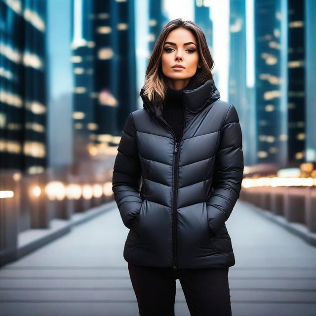 A stunning woman wearing a stylish, form-fitting black puffer jacket, striking a confident and alluring pose