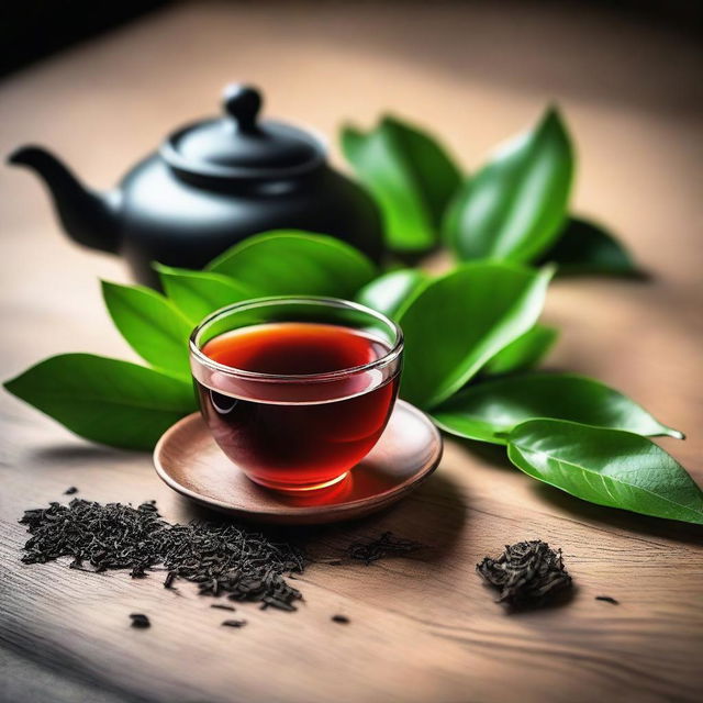 A beautiful still life image of tea leaves, arranged elegantly on a wooden surface