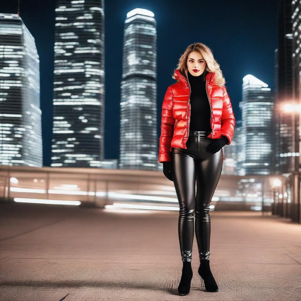 A stunning woman with a voluptuous figure, wearing a stylish, form-fitting black puffer jacket and tight red leather leggings