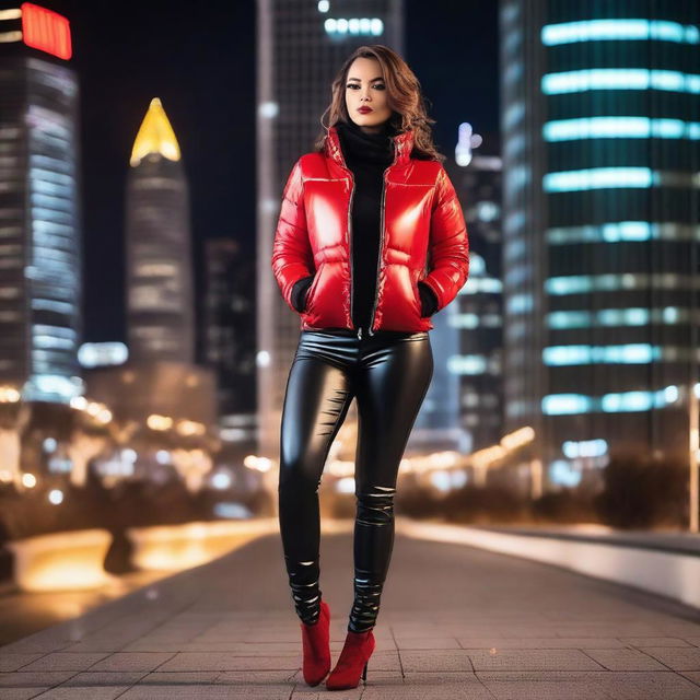 A stunning woman with a voluptuous figure, wearing a stylish, form-fitting black puffer jacket and tight red leather leggings