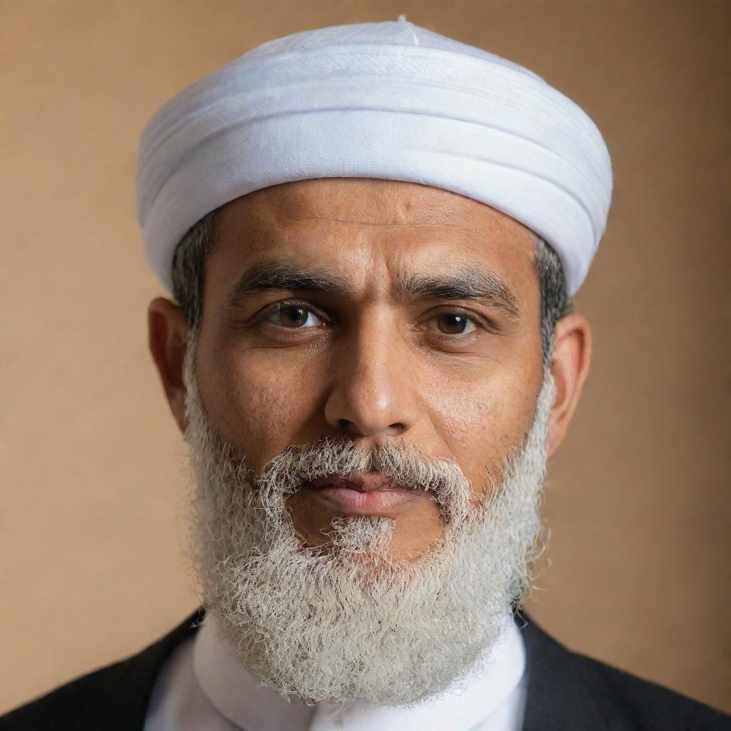 A respectful portrait of a Muslim man dressed in traditional attire with a white taqiyah cap, a well-groomed beard and illuminated by soft, warm light.