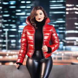 A stunning woman with a voluptuous figure, wearing a stylish, form-fitting black puffer jacket and tight red leather leggings