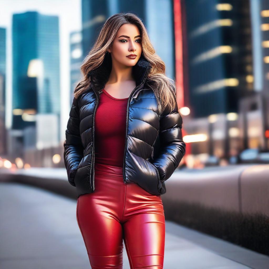 A stunning woman with a voluptuous figure, wearing a stylish, form-fitting black puffer jacket and tight red leather leggings