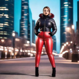 A stunning woman with a voluptuous figure, wearing a stylish, form-fitting black puffer jacket and tight red leather leggings