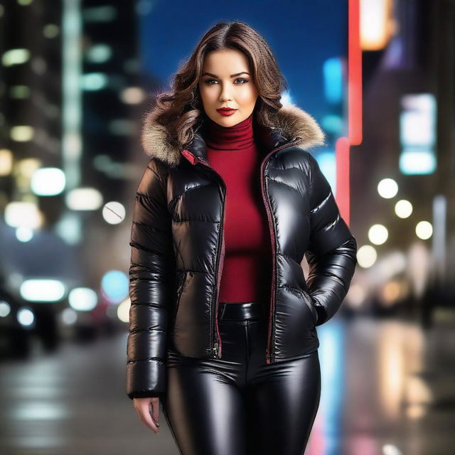 A stunning woman with a voluptuous figure, wearing a stylish, form-fitting black puffer jacket and tight red leather leggings