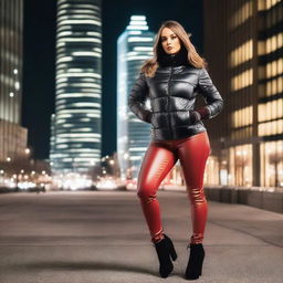 A stunning woman with a voluptuous figure, wearing a stylish, form-fitting black puffer jacket and tight red leather leggings