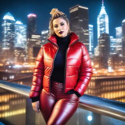 A stunning woman with a voluptuous figure, wearing a stylish, form-fitting black puffer jacket and tight red leather leggings