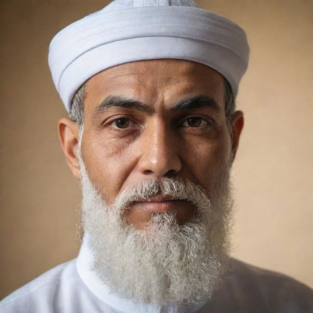 A respectful portrait of a Muslim man dressed in traditional attire with a white taqiyah cap, a well-groomed beard and illuminated by soft, warm light.