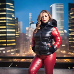 A stunning woman with a voluptuous figure, wearing a stylish, form-fitting black puffer jacket and tight red leather leggings