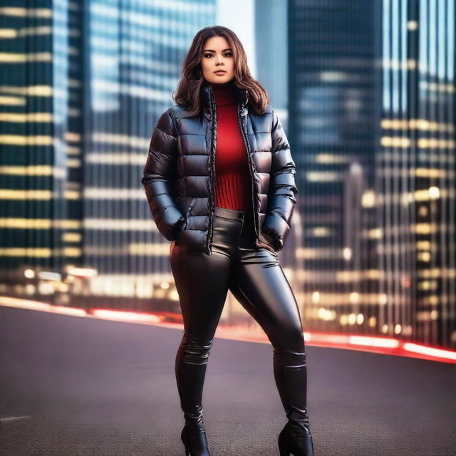 A stunning woman with a voluptuous figure, wearing a stylish, form-fitting black puffer jacket and tight red leather leggings