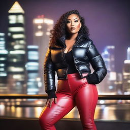 A stunning woman with a voluptuous figure, wearing a stylish, tightly closed black puffer jacket and tight red leather leggings