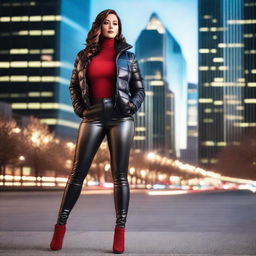 A stunning woman with a voluptuous figure, wearing a stylish, tightly closed black puffer jacket and tight red leather leggings