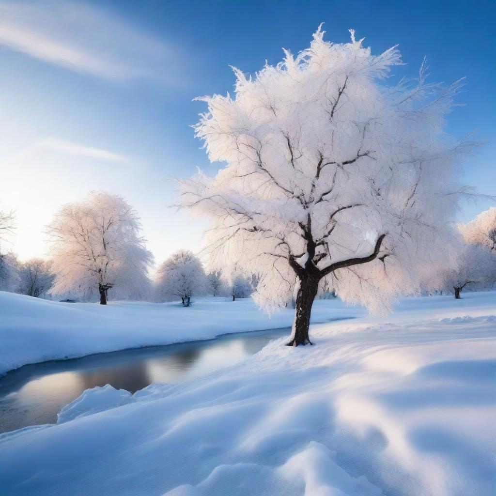 Create an image of an ice-covered landscape with sparkling ice formations and frosty trees