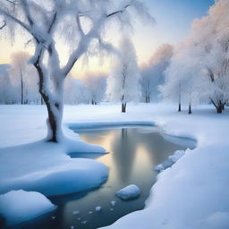 Create an image of an ice-covered landscape with sparkling ice formations and frosty trees