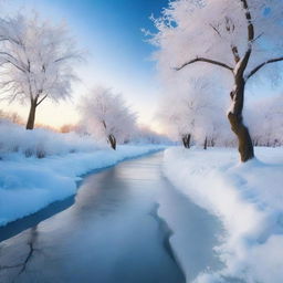 Create an image of an ice-covered landscape with sparkling ice formations and frosty trees