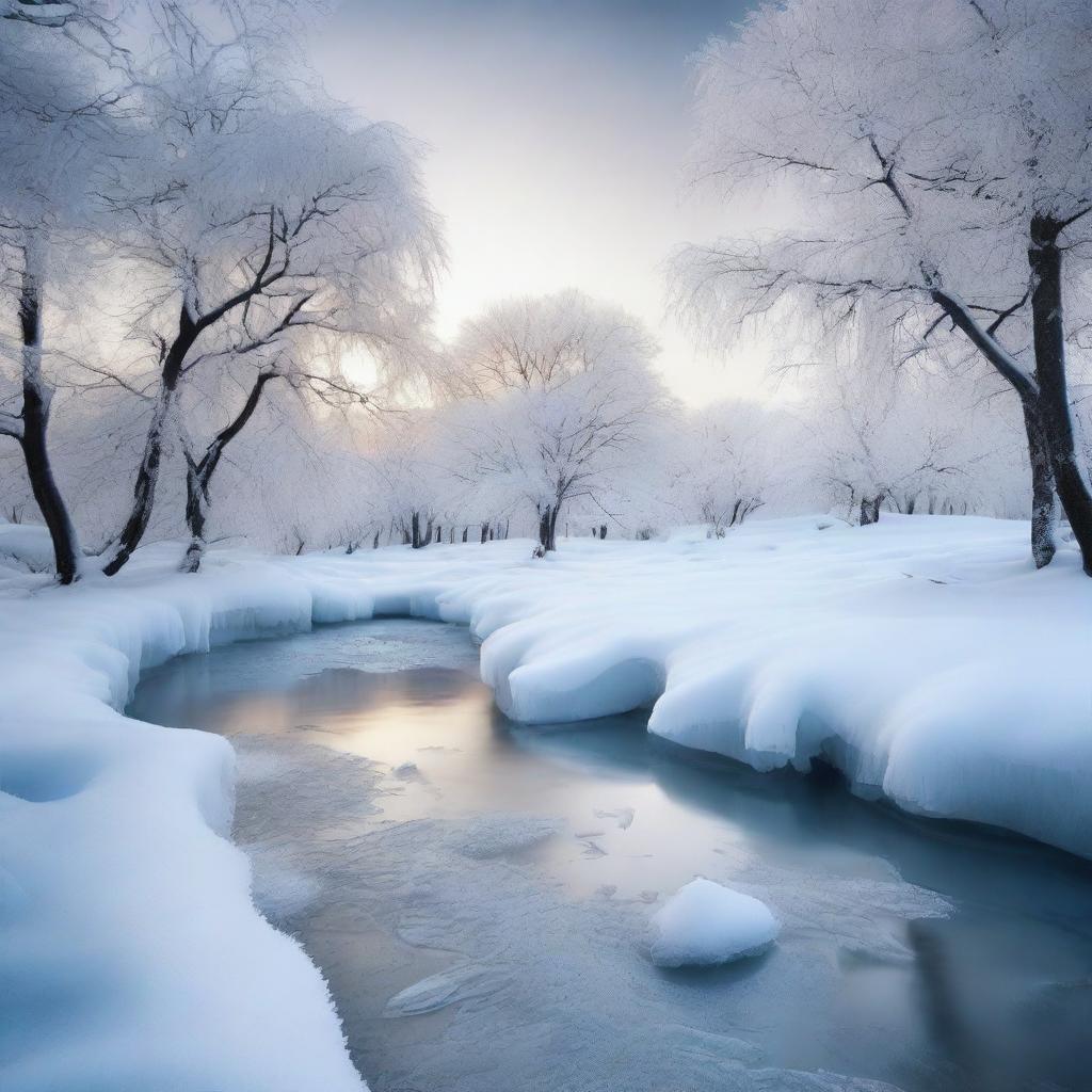 Create an image of an ice-covered landscape with sparkling ice formations and frosty trees