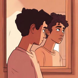 Ari, a young person, looking into a mirror with a thoughtful expression