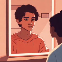 Ari, a young person, looking into a mirror with a thoughtful expression