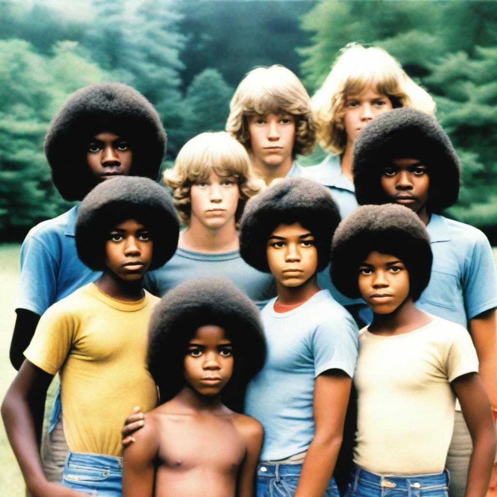 A nostalgic scene of a summer camp in 1978 featuring a diverse group of children