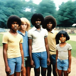 A nostalgic scene of a summer camp in 1978 featuring a diverse group of children