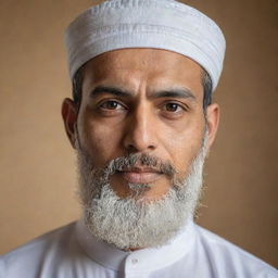 A respectful portrait of a Muslim man dressed in traditional attire with a white taqiyah cap, a well-groomed beard and illuminated by soft, warm light.