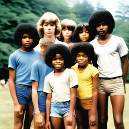 A nostalgic scene of a summer camp in 1978 featuring a diverse group of children