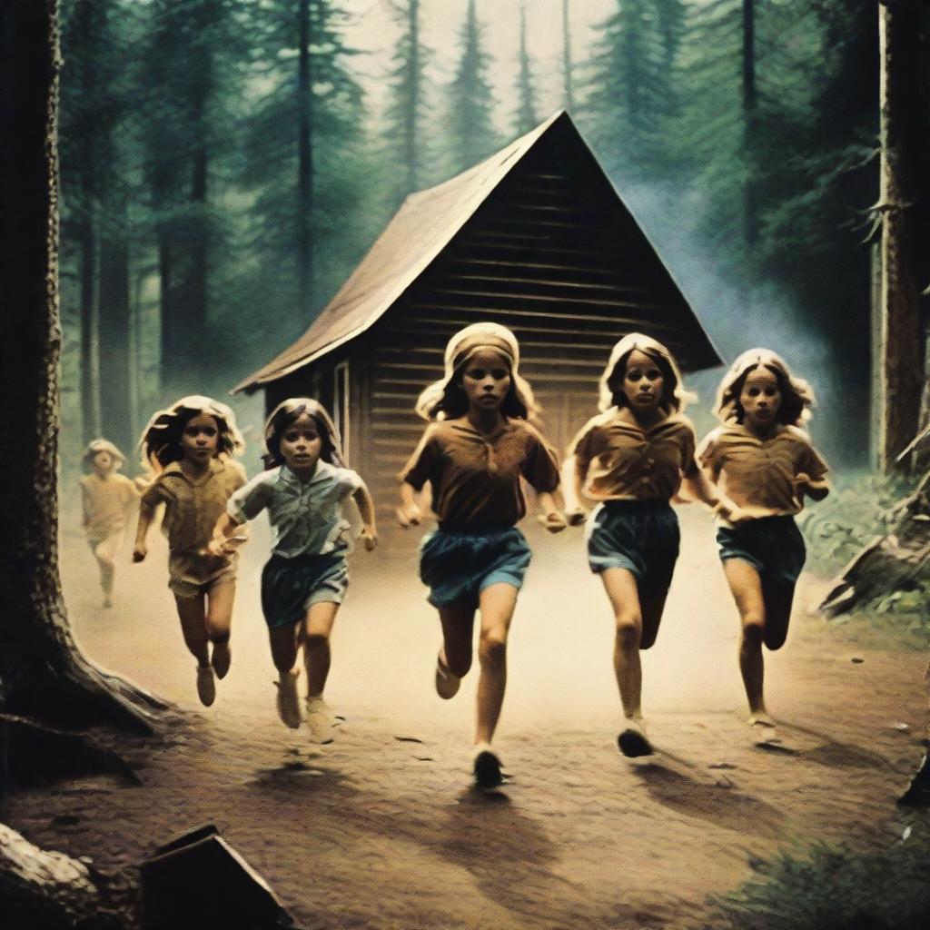 A group of children running away from a menacing figure in a 1978 summer camp setting