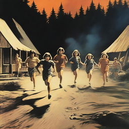 A group of children running away from a menacing figure in a 1978 summer camp setting