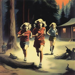 A group of children running away from a menacing figure in a 1978 summer camp setting