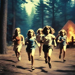 A group of children running away from a menacing figure in a 1978 summer camp setting