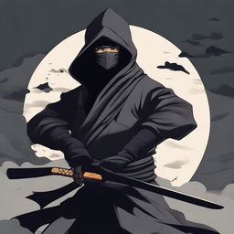 A detailed illustration of a ninja in a stealthy pose, wearing traditional black attire with a face mask, set against a moonlit night background