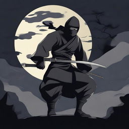 A detailed illustration of a ninja in a stealthy pose, wearing traditional black attire with a face mask, set against a moonlit night background