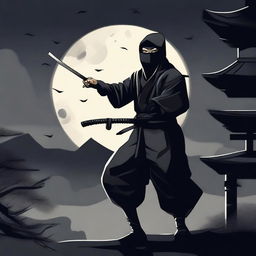 A detailed illustration of a ninja in a stealthy pose, wearing traditional black attire with a face mask, set against a moonlit night background