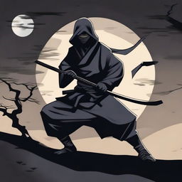 A detailed illustration of a ninja in a stealthy pose, wearing traditional black attire with a face mask, set against a moonlit night background